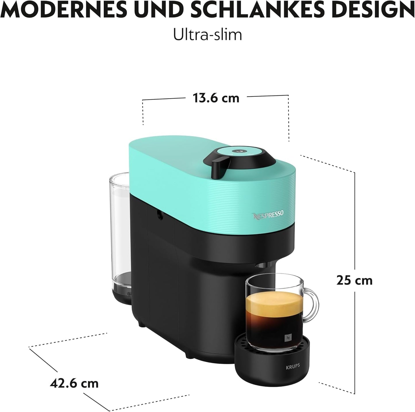 Ekspres do kawy z kapsułkami Nespresso Krups Vertuo Pop, pojemność: 560 ml, automatyczne rozpoznawanie kapsułek, system one-touch, 4 rozmiary filiżanek, skrócony czas podgrzewania, zrównoważony, Aqua Mint, XN9204