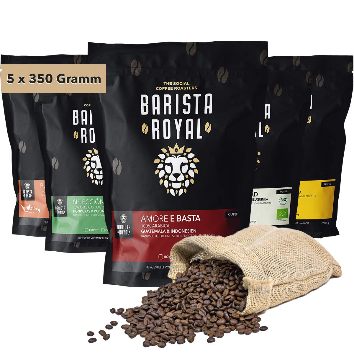 Zestaw degustacyjny do kawy pełnoziarnistej 5 x 350g | Pakiet Discovery Ziarna kawy w zestawie upominkowym | arabski | Sprawiedliwy Handel | wegańskie | Idealny do automatycznych ekspresów do kawy, ekspresów przelewowych, ekspresów przelewowych i ekspresów francuskich | KRÓLEWSKI BARYSTA
