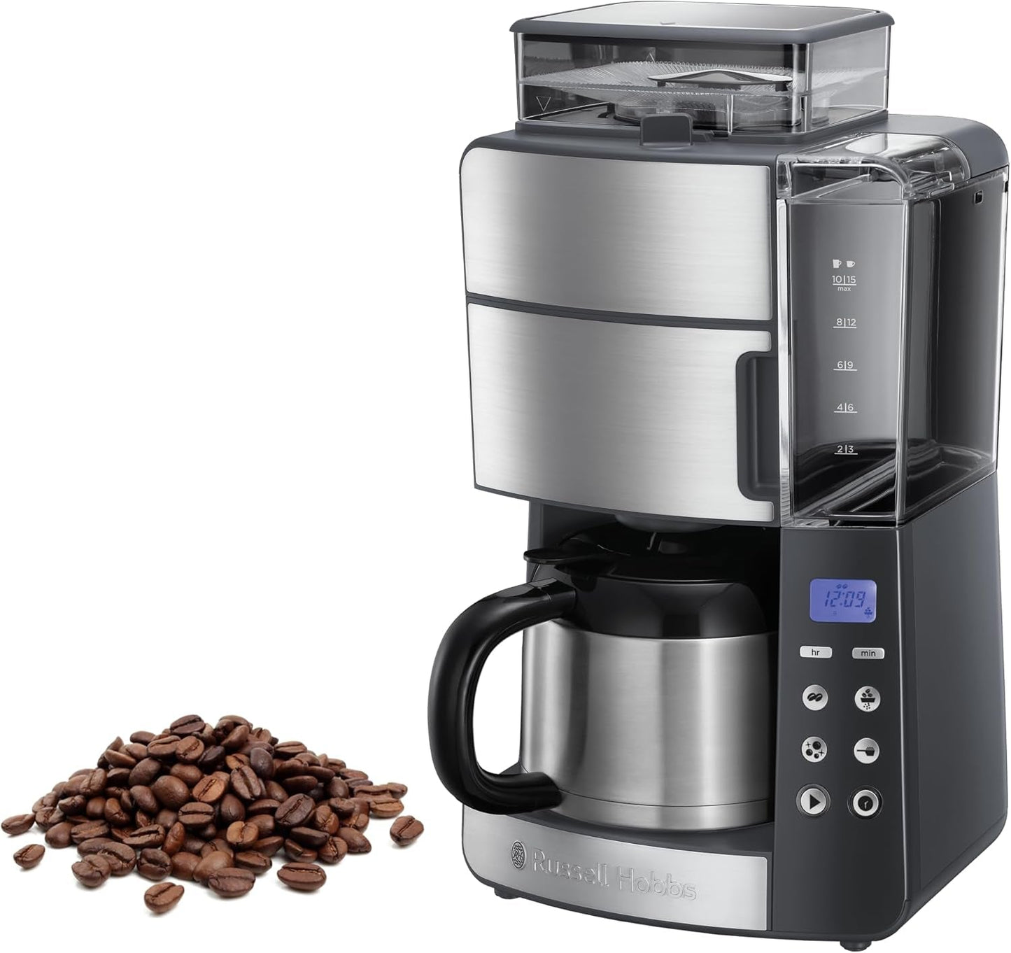Ekspres do kawy Russell Hobbs z młynkiem i dzbankiem termicznym [cyfrowy timer, słuchawka prysznicowa dla optymalnej ekstrakcji i aromatu] Grind&Brew (1–10 filiżanek, 3 poziomy mielenia) Filtrowy ekspres do kawy 25620-56