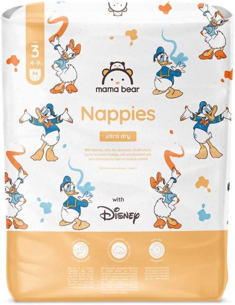 Pieluchy Mama Bear Disney Ultra Dry rozmiar 4 (8-14kg), białe, 84 sztuki (1 opakowanie) Naty Shop rozmiar 3 (4-9kg) opakowanie pojedyncze