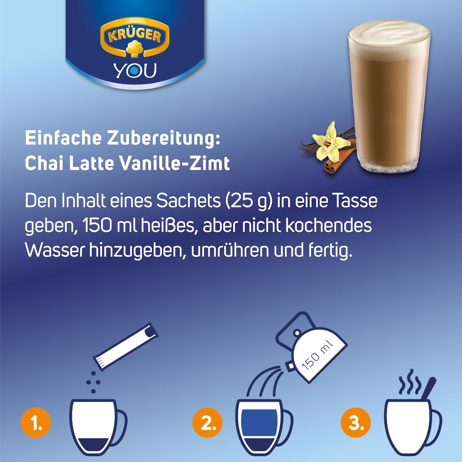 KRÜGER YOU Chai Latte Vanilla Cinnamon, błyskawiczny preparat do napojów mlecznych o smaku wanilii i cynamonu, 250 g (10 saszetek po 25 g)