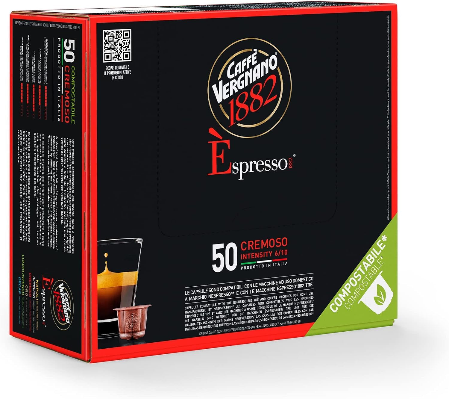 Caffè Vergnano 1882 - Èspresso Kompostierbare Kaffeekapseln, Kompatybilny z Nespresso, Cremoso (kremowy) - Packung Enthält 50 Kapseln
