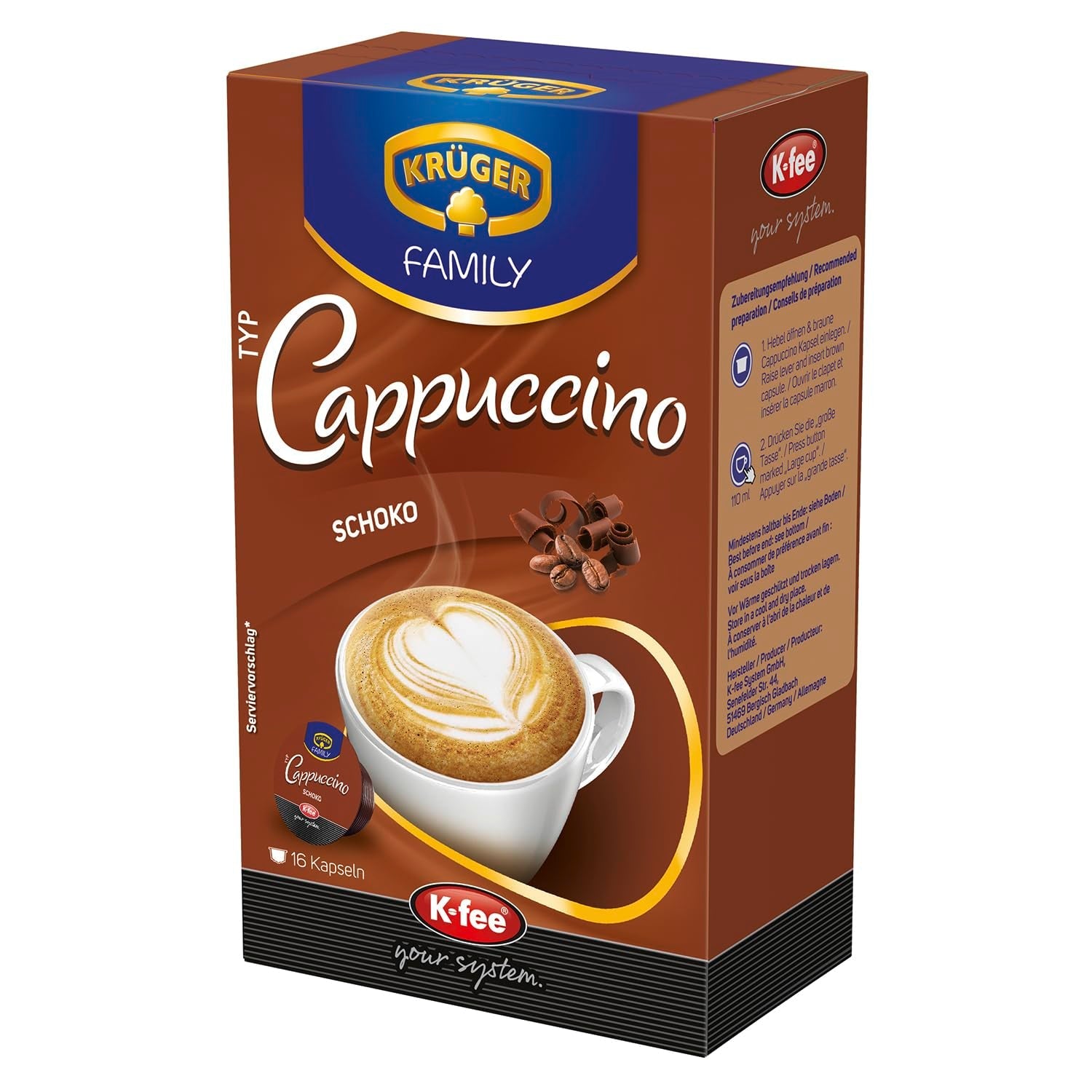KRÜGER Cappuccino Schoko Kawa w kapsułkach, kompatybilna z K-fee i ALDI EXPRESSI* Kapselmaschinen, aromatyzowana kawa rozpuszczalna, 96 kapsułek