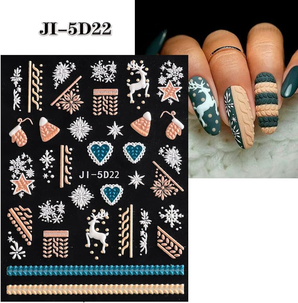 5 Blatt 3D Nagelsticker Weihnachten Nagelaufkleber 5D Stereoskopisch Selbstklebend Schneeflocke-Weihnachtswinterurlaub Nail Art Naklejka Dekoration Nageldesign Zubehör