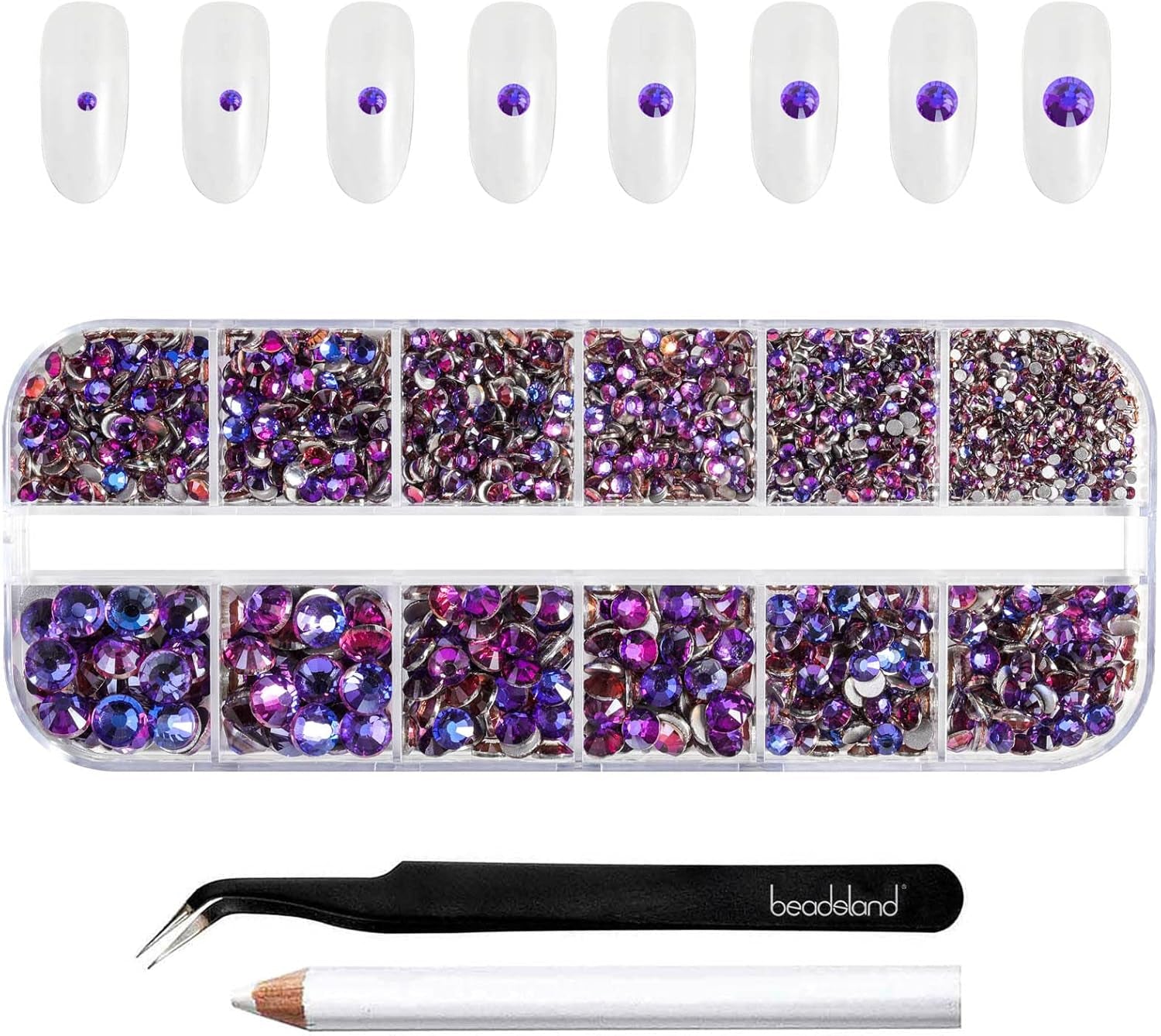 Beadsland 2500 szt. Glas Nailart Strasssteine ​​​​Kristall Flatback Edelsteine ​​​​Runde, ​​Für Handwerk Gemischt 8 Größen SS4 ~ SS30 Mit Picking Pinzette Und Stift (Kristall Weiss)