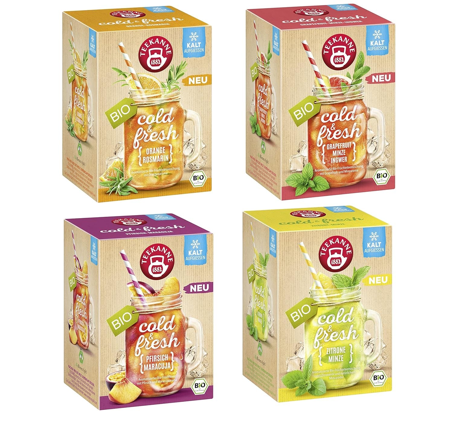 Teekanne Cold & Fresh BIO 4Er Mix - Z nowymi odmianami cytryna-mięta, brzoskwinia-marakuja, pomarańcza-rozmaryn, grejpfrut-mięta-imbir (4 X 45G)
