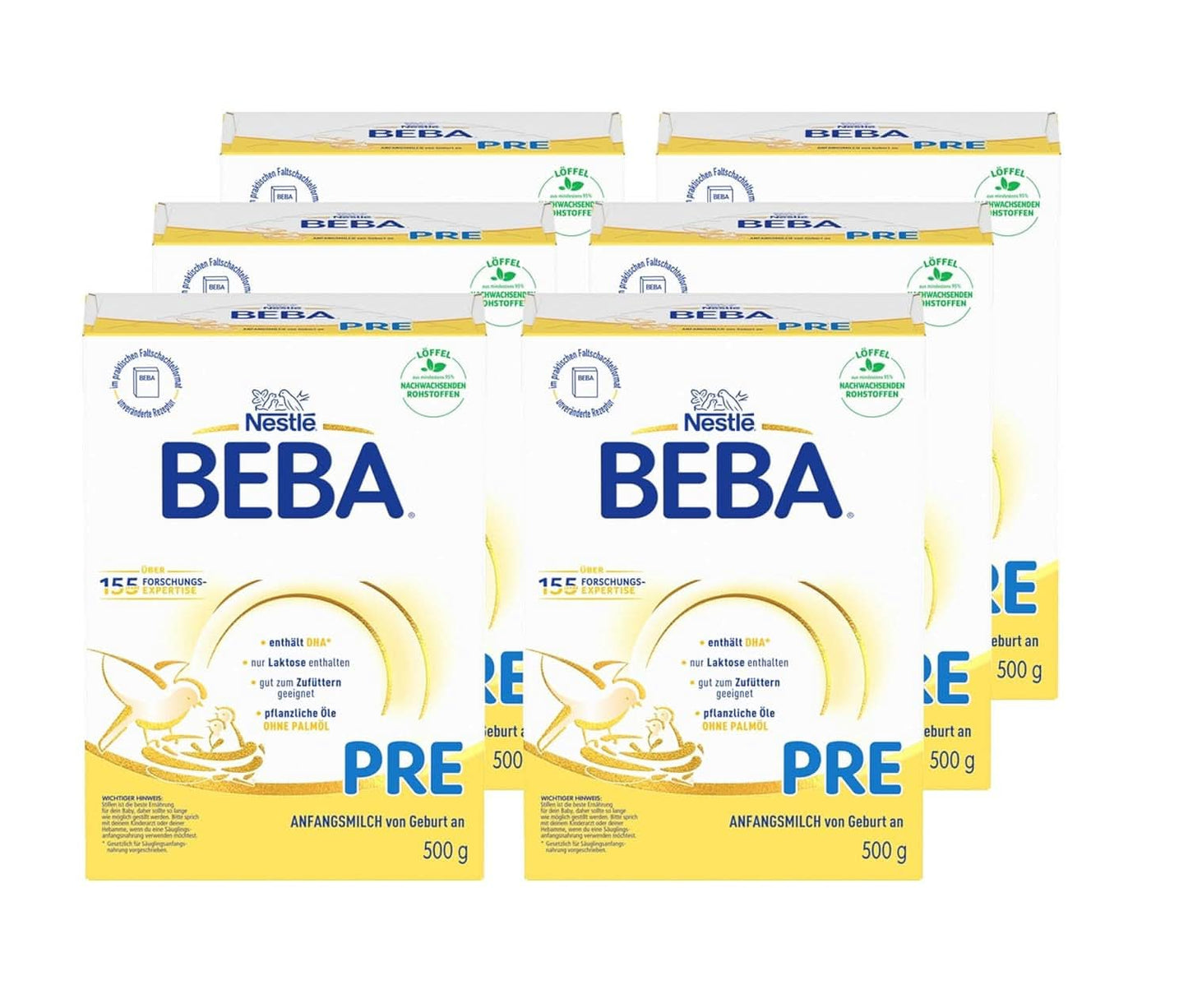 BEBA PRE Mleko początkowe od urodzenia, żywność dla niemowląt z DHA, tylko laktozą, bez oleju palmowego, opakowanie 3 (3 x 800 g) Naty Shop PRE, zestaw 6 x 500 gramów 6 x 500 gramów