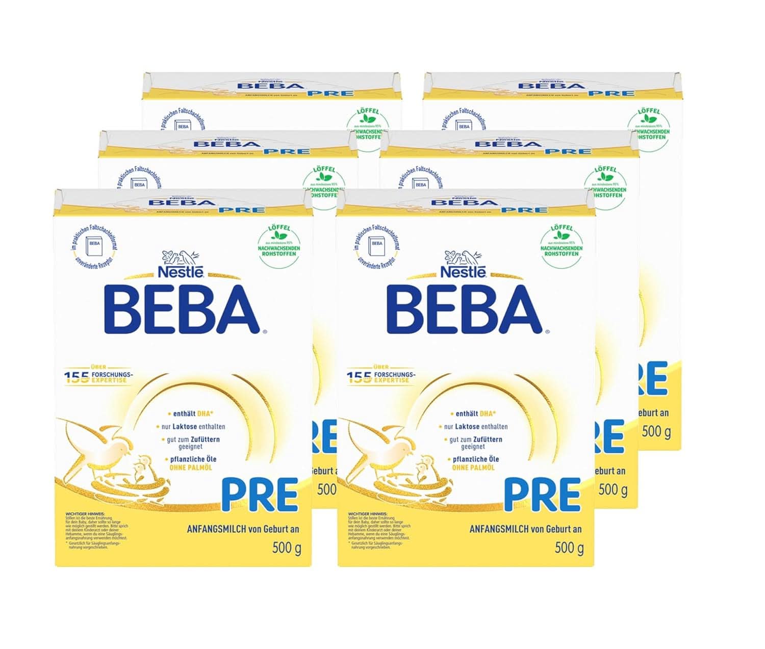 BEBA PRE Mleko początkowe od urodzenia, żywność dla niemowląt z DHA, tylko laktozą, bez oleju palmowego, opakowanie 3 (3 x 800 g) Naty Shop PRE, zestaw 6 x 500 gramów 6 x 500 gramów