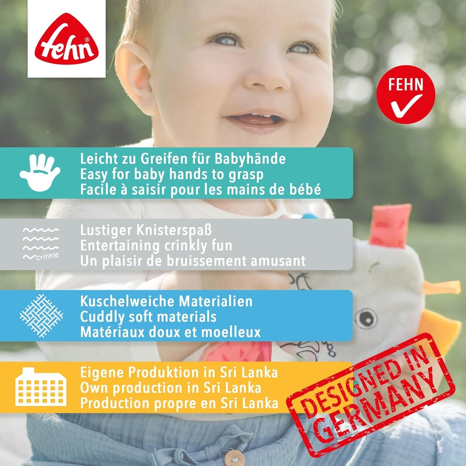 Fehn Crackling Fish - Zabawka do łapania i zabawy dla niemowląt - Zabawka do łapania zwierząt dla niemowląt - Zabawka aktywizująca ruchowo i trzaskająca zabawka dla niemowląt i małych dzieci od 0. miesiąca Baby Toys Naty Shop