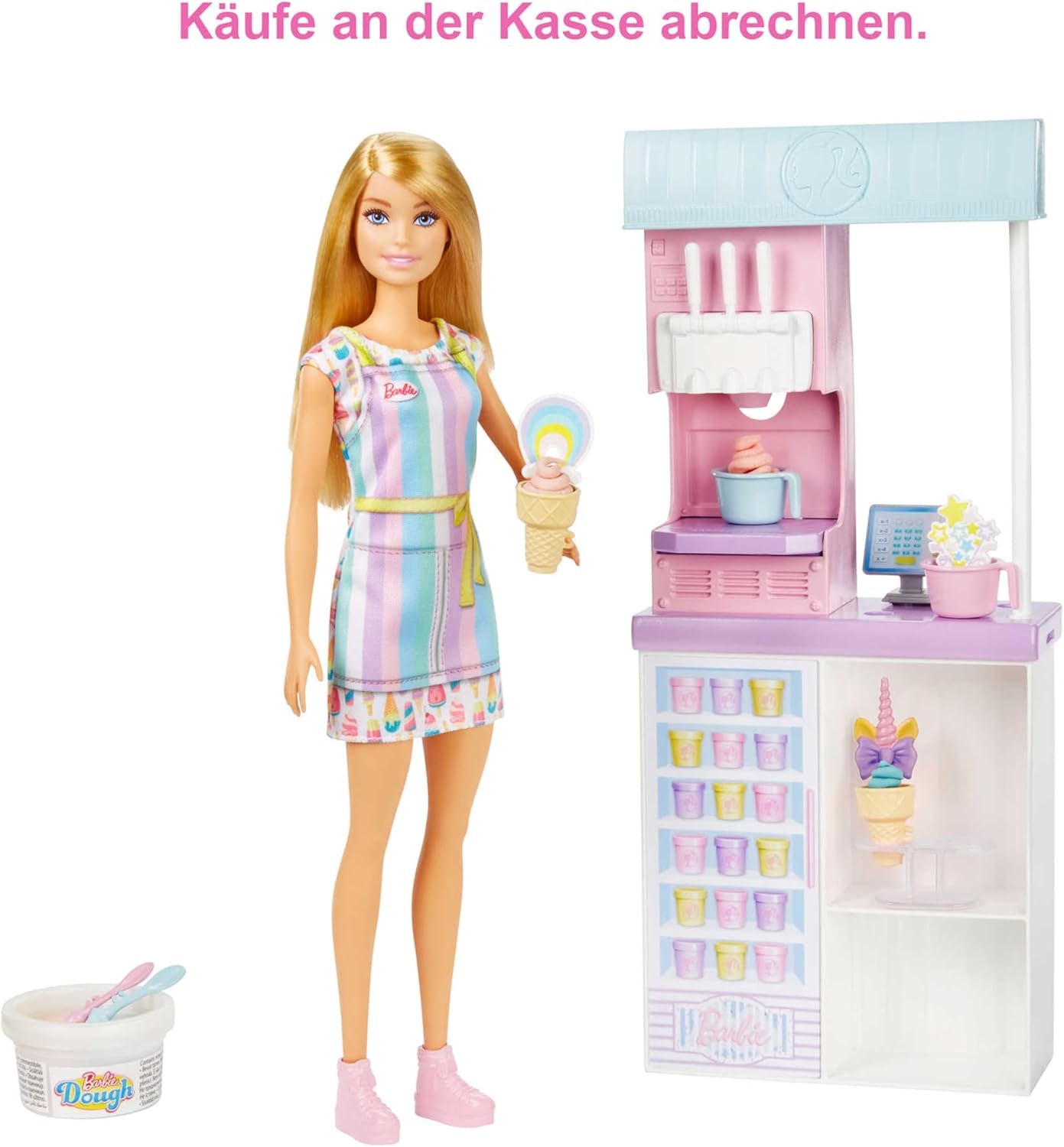 Seria Barbie Możesz być, kim chcesz, Lodziarnia, 1x Lalka Barbie z blond włosami, Maszyna do lodów, Barbie Play-Doh, Akcesoria do pieczenia, Prezent dla dzieci, Zabawka dla dzieci w wieku 3+, HCN46