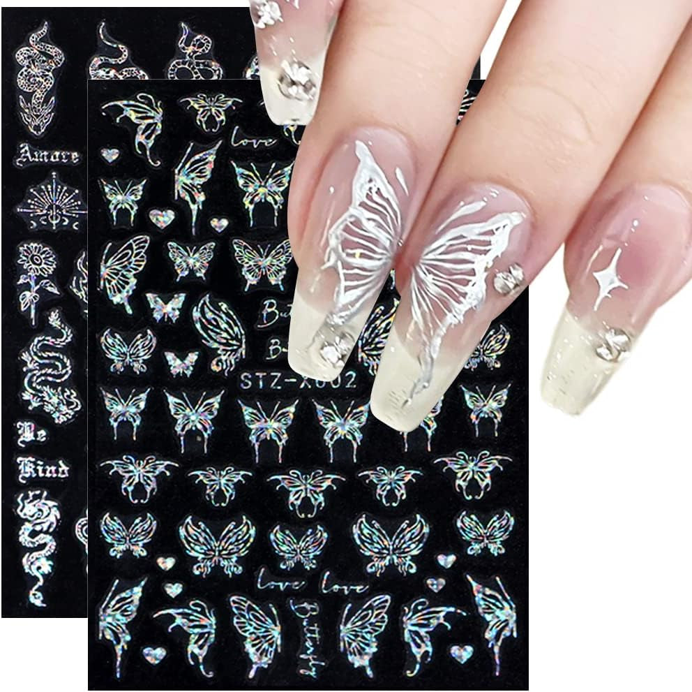 6 Blatt Schmetterling Nagelsticker Selbstklebend Laser Silber Schmetterlings Nagelaufkleber 3D Aurora Silber Schwarz Schmetterlinge Nagel Naklejki Frühling Nageldesign Naklejka na paznokcie Nail Art Zubehör