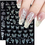 6 Blatt Schmetterling Nagelsticker Selbstklebend Laser Silber Schmetterlings Nagelaufkleber 3D Aurora Silber Schwarz Schmetterlinge Nagel Naklejki Frühling Nageldesign Naklejka na paznokcie Nail Art Zubehör