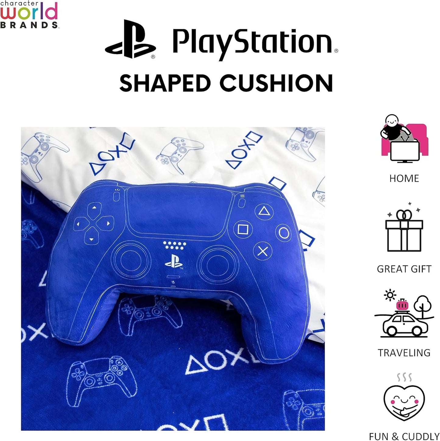 Świat postaci: Oficjalnie licencjonowana poduszka w kształcie kontrolera Playstation, projekt słuchawki, wypchana pluszowa poduszka | Niebieskie standardowe poduszki Naty Shop, idealne do dekoracji sypialni lub zabaw