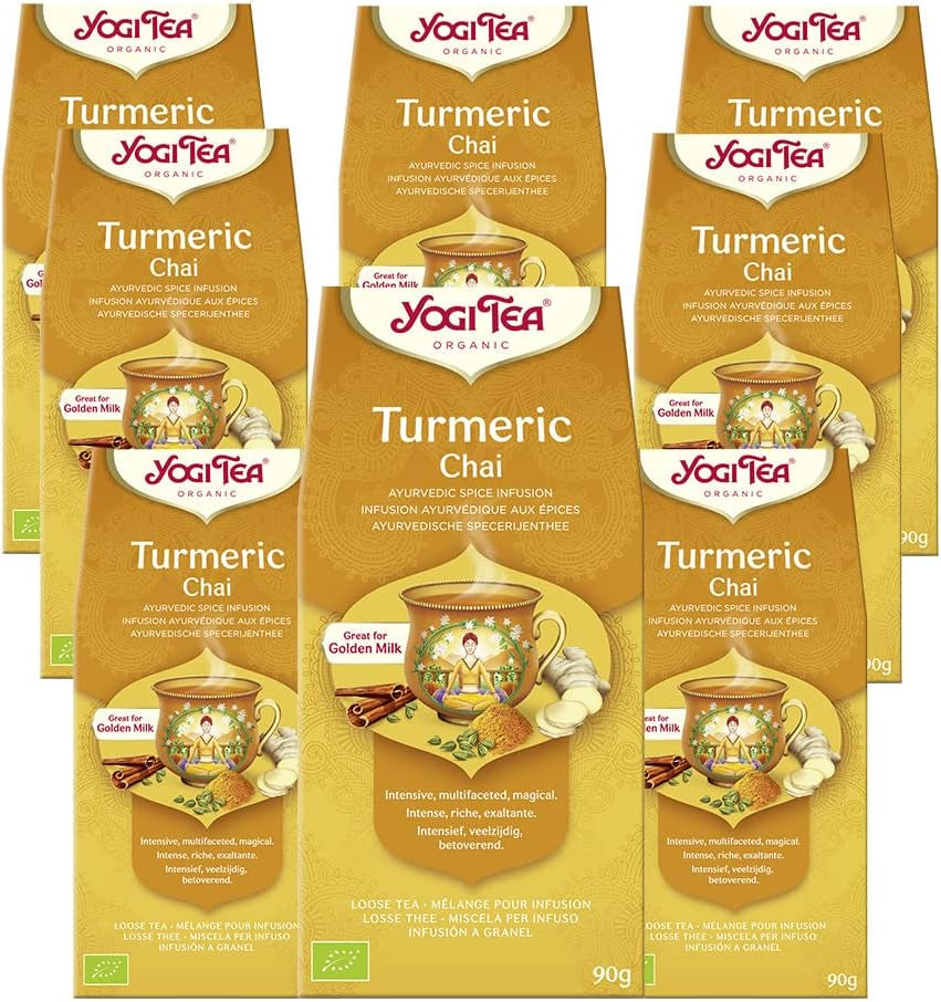 Herbata Yogi - Kurkuma Chai Organiczna herbata ajurwedyjska z przyprawami, bez kofeiny, kurkuma, cynamon i imbir Mieszanka Herbata Yogi, luzem, 8 x 90 g (720 g) Opakowanie Idealny prezent