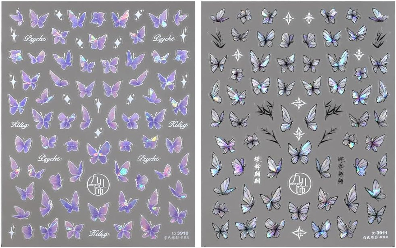 2 Blätter Schmetterling Nagelsticker Selbstklebend,Muschel Glitzer Nail Art Motyl Naklejka na paznokcie Lila Grau Schmetterlinge Nagelaufkleber Relief Laserowe motyle Nagel Naklejka Nageldesign Zubehör