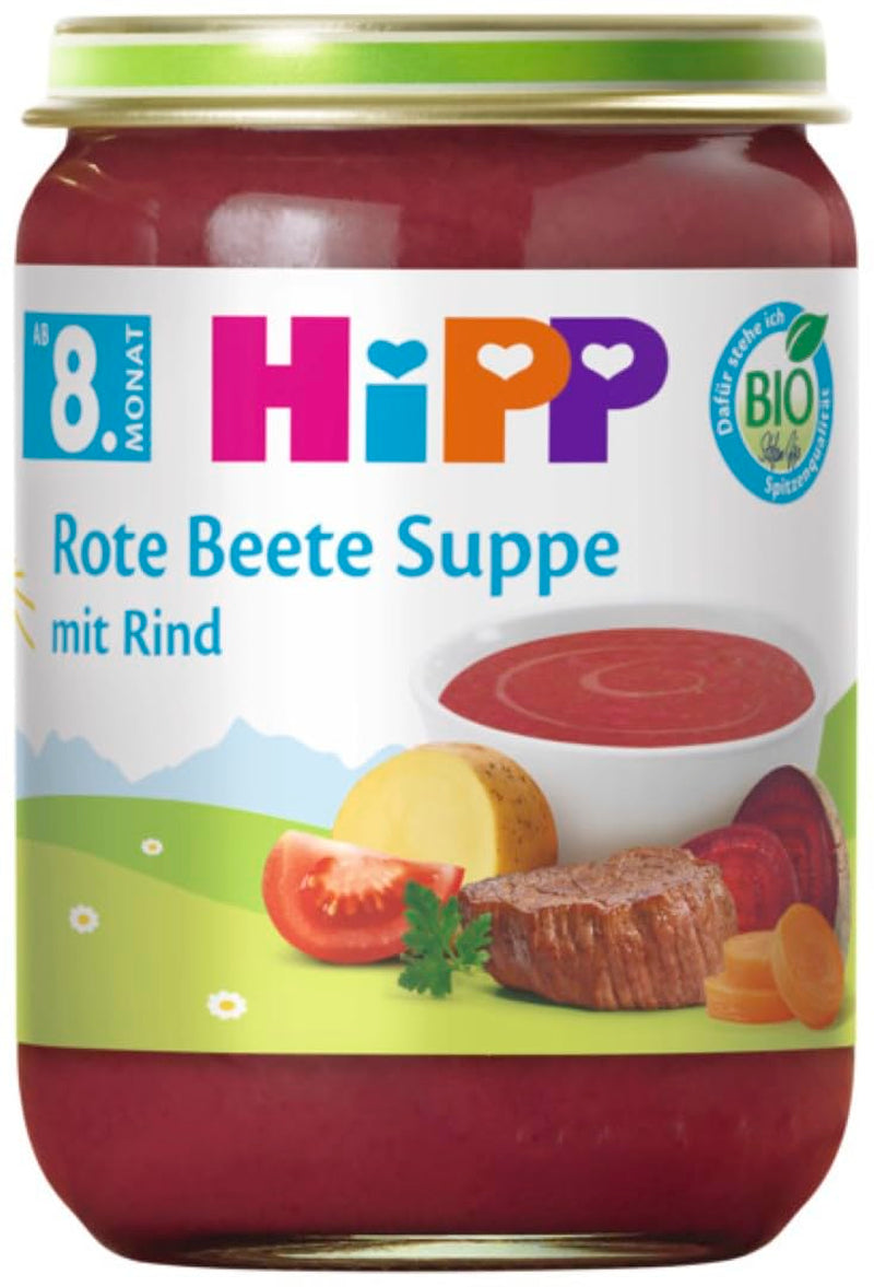 Zupa buraczana z wołowiną HiPP Organic (6 x 190g), od 8 miesiąca, bez dodatku soli, bezglutenowa, z Omega 3, najlepsza jakość organiczna