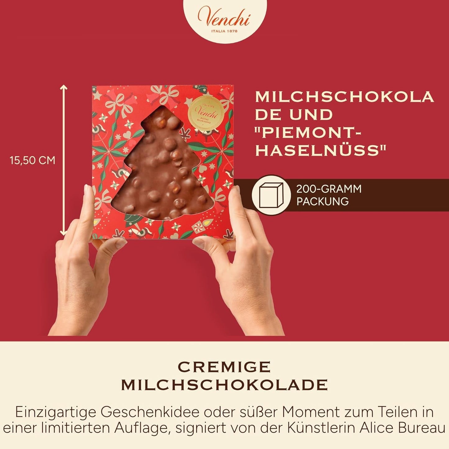 Venchi, Brutto&Buono, ręcznie robiona tabliczka mlecznej czekolady w kształcie jodły „Piedmont Forest Hazelnut”, 200g, bezglutenowa, limitowana edycja kolekcji świątecznej, pomysł na prezent