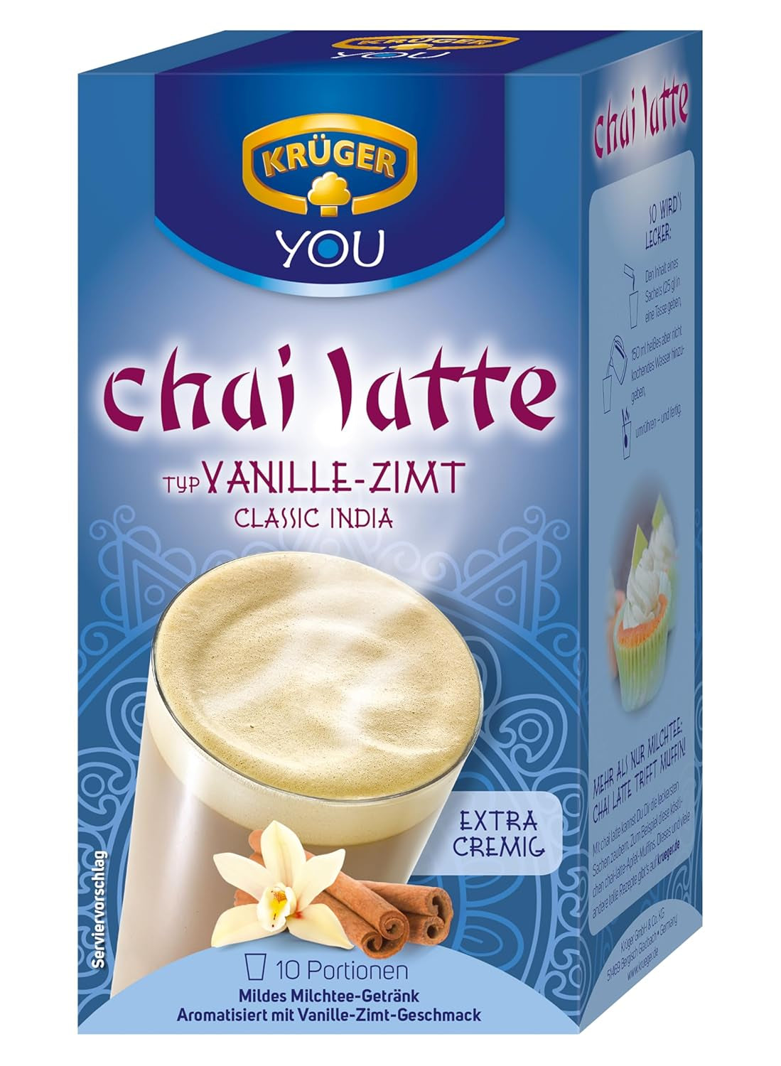 KRÜGER YOU Chai Latte Vanilla Cinnamon, błyskawiczny preparat do napojów mlecznych o smaku wanilii i cynamonu, 250 g (10 saszetek po 25 g)