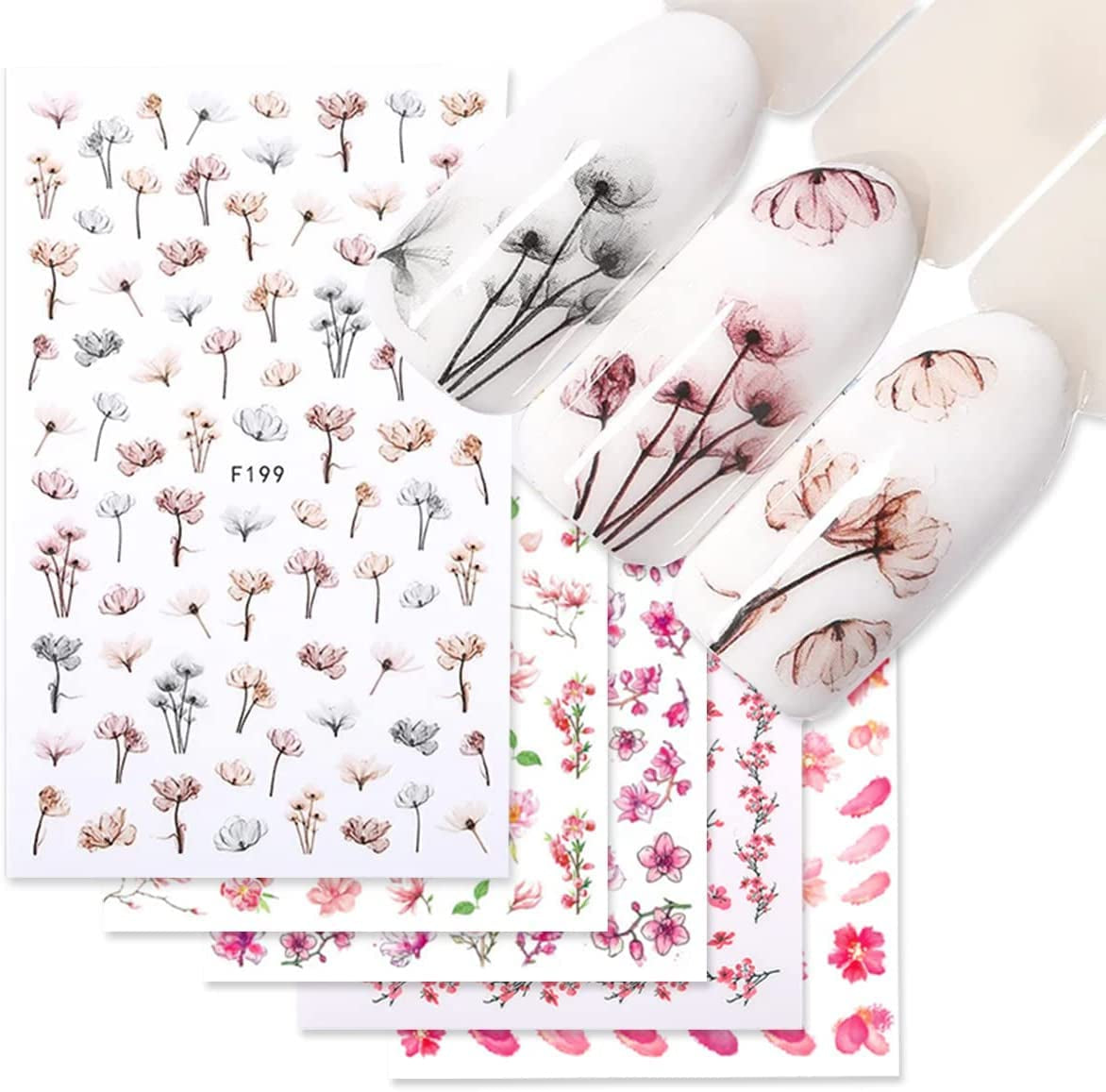JMEOWIO Nagelsticker Frühling Blume 9 Blatt Nagelaufkleber Selbstklebend Rosa Blüte Nail Art Naklejka Dekoration Nageldesign Zubehör