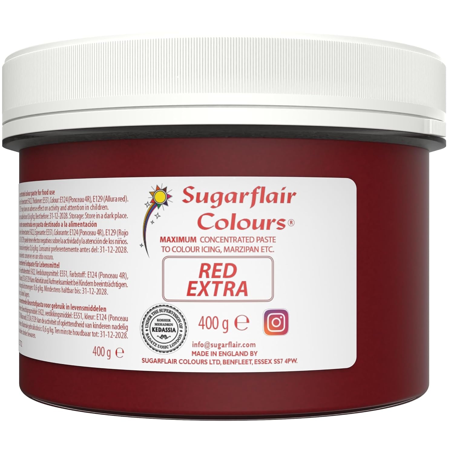 Barwnik spożywczy Sugarflair Max Concentrated Czerwony, silnie skoncentrowany barwnik spożywczy do marcepanu i fondantu, barwnik w paście Max Concentrated - 400 g