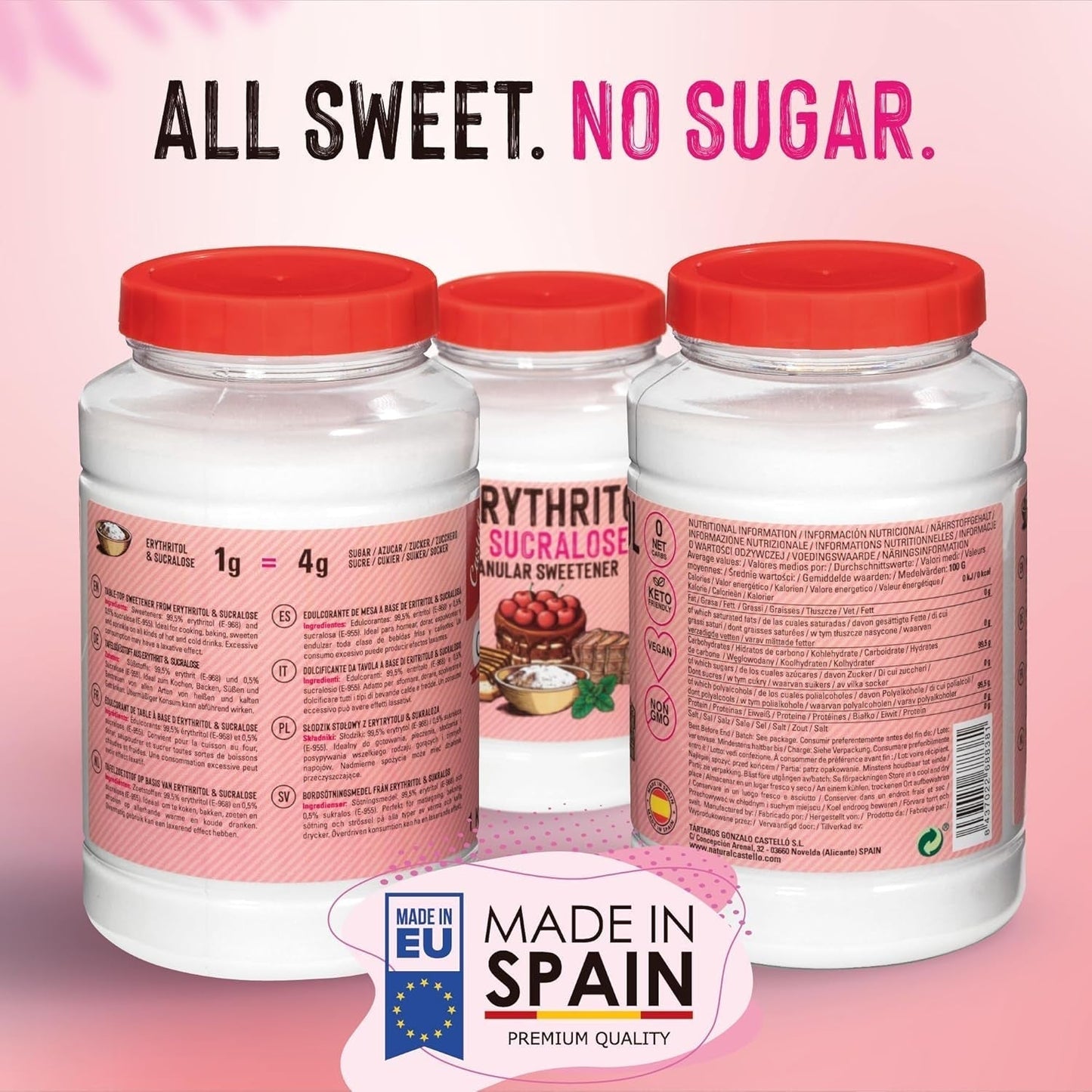 Erytrytol + Sukraloza 1:4 Süßstoff | 1G = 4G Zucker | 0 Netto-Kohlenhydrat - 0 Kalorien - 0 Glykämischer Index - Keto - Kein GVO - Castello od 1907 - 1 Kg Słodziki Naty Shop