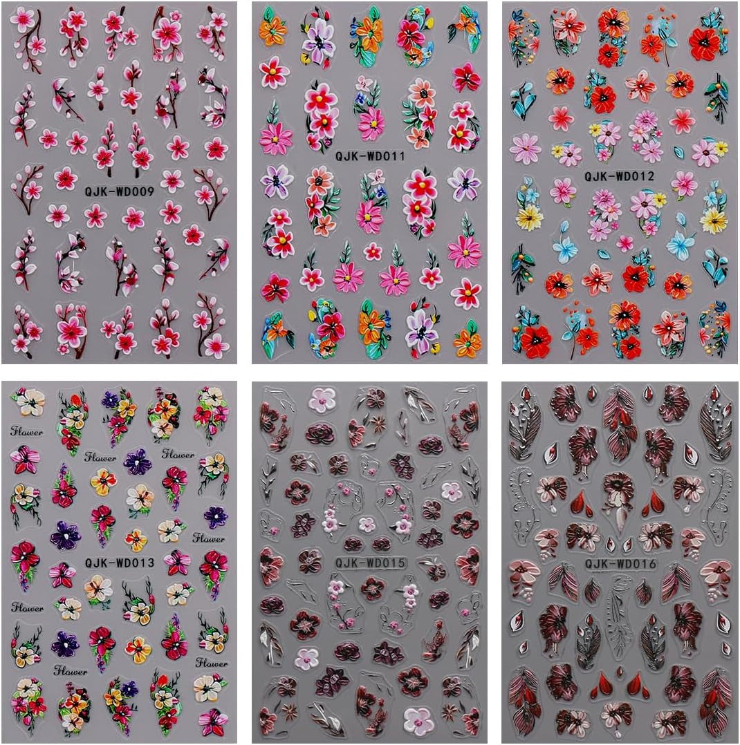 JMEOWIO Nagelsticker Blumen 6 Blatt Nail Art Naklejka Selbstklebend Nagelaufkleber Sommer Blumen Dekoration Nageldesign Zubehör