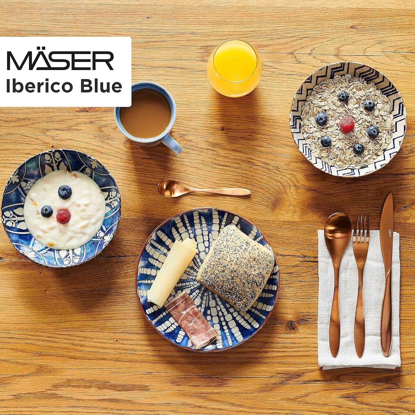 MĘSER 934017 Iberico Blue 4-osobowy zestaw obiadowy, 12-częściowy, w stylu mauretańskim, różne wzory vintage w kolorze białym i niebieskim, ceramika