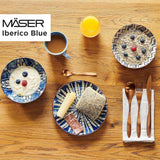 MĘSER 934017 Iberico Blue 4-osobowy zestaw obiadowy, 12-częściowy, w stylu mauretańskim, różne wzory vintage w kolorze białym i niebieskim, ceramika