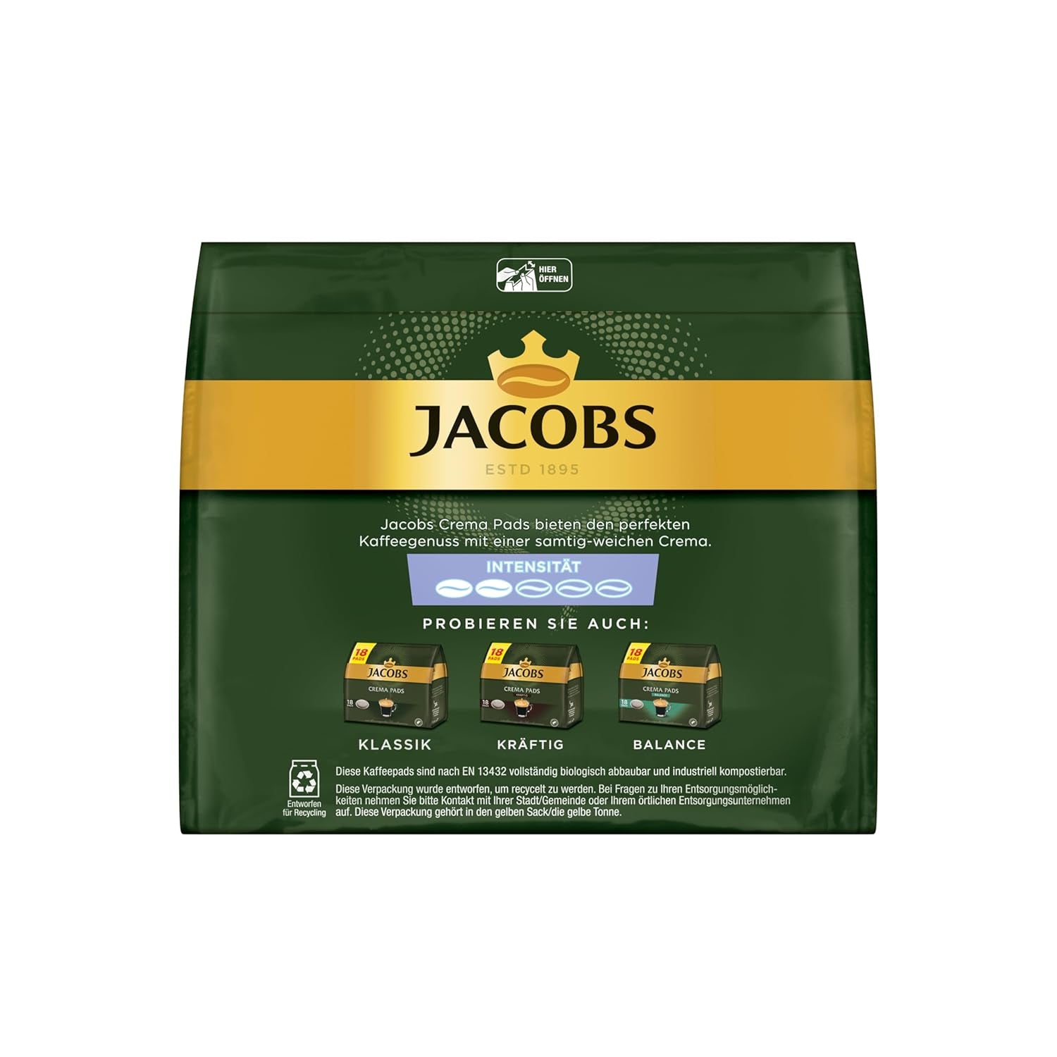 Podkładki Jacobs Crema Mild, podkładki kompatybilne z Senseo, 5 x 18 Getränke, 90 wkładek Kaffeepads
