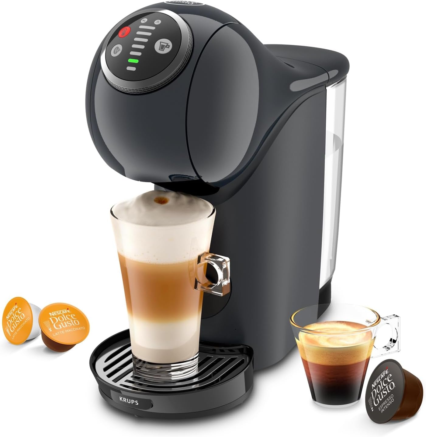 NESCAFÉ Dolce Gusto Genio S Plus firmy Krups, kompaktowy ekspres do kawy na kapsułki, pojemność 0,8 litra, 1500 W, automatyczne ostrzeganie o odkamienianiu, gwiezdna szarość, KP340B