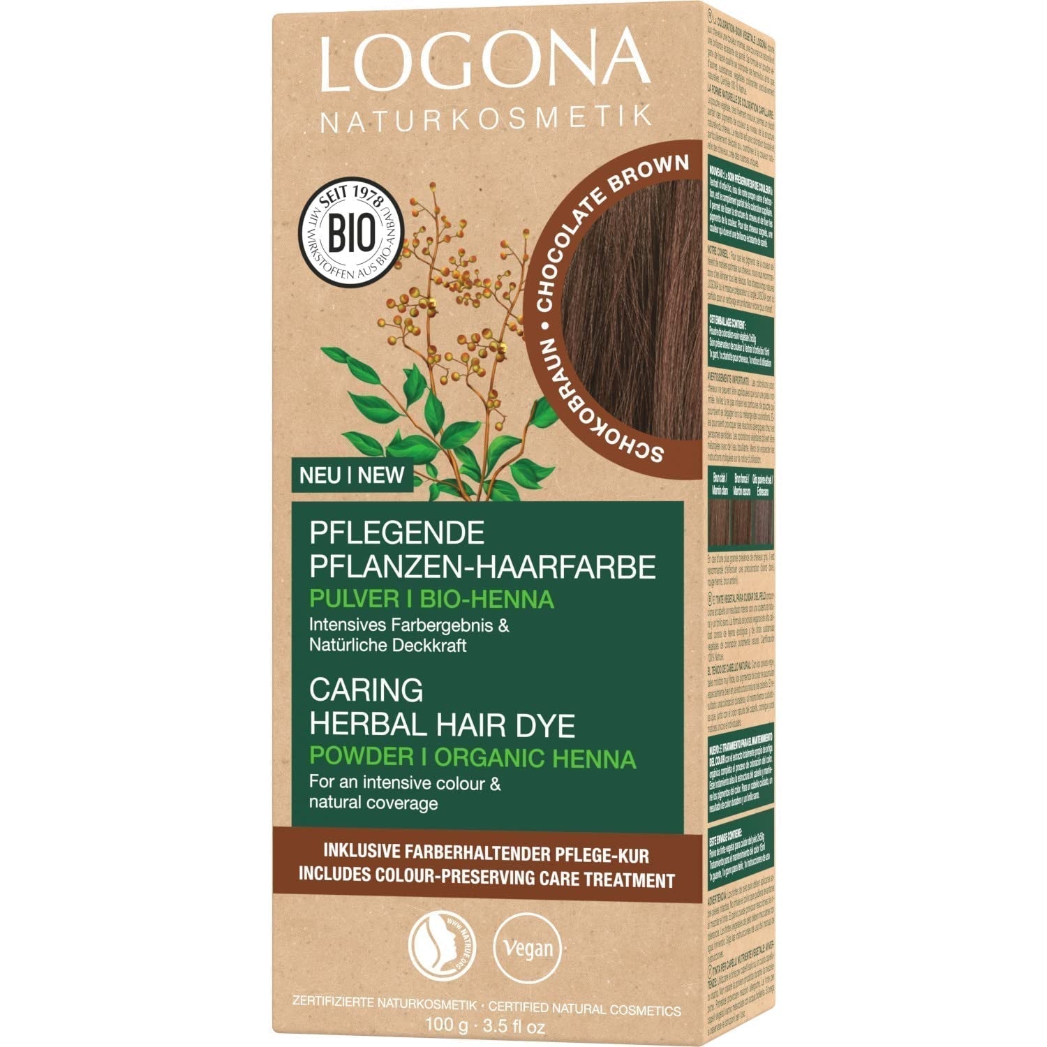 LOGONA Natural Cosmetics Ziołowa odżywcza farba do włosów, Organiczna henna w proszku Wegańska farba do włosów dla intensywnego koloru i połysku, Ziołowa farba do włosów w kolorze Miedziany Blond (Blond), 1 x 100g Naty Shop Czekoladowa Farba Do Włosów 100G (1 Op.)