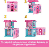 Domek dla lalek Barbie Chelsea z ponad 15 akcesoriami, wysuwany domek powiększa się do ponad 42 x 33 cm z 5 obszarami do zabawy i zjeżdżalnią, z małą lalką i psem, JFW49