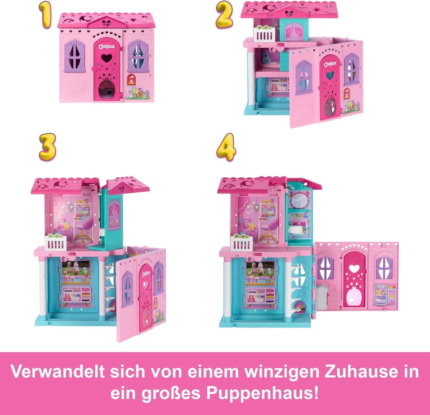 Domek dla lalek Barbie Chelsea z ponad 15 akcesoriami, wysuwany domek powiększa się do ponad 42 x 33 cm z 5 obszarami do zabawy i zjeżdżalnią, z małą lalką i psem, JFW49