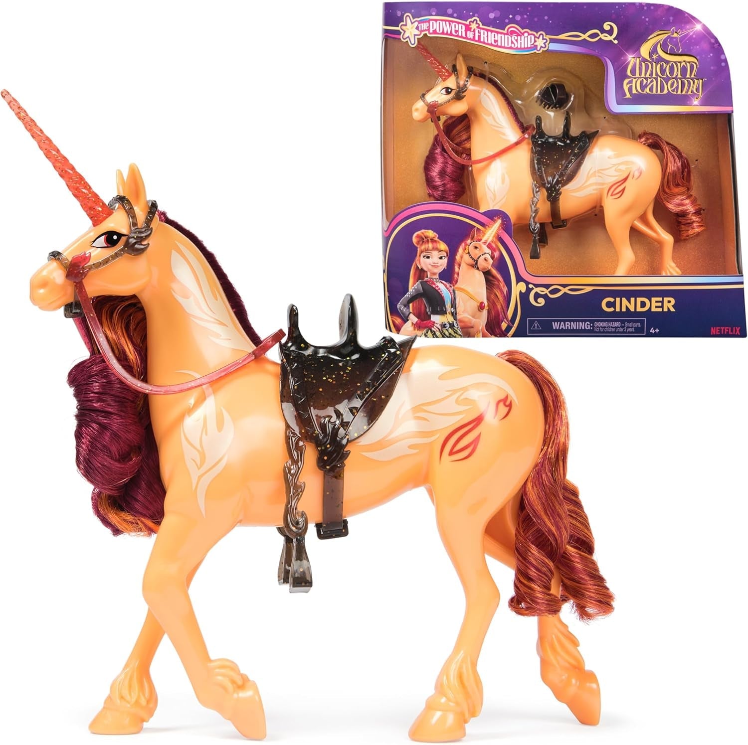 Unicorn Academy Cinder the Unicorn - oryginalny jednorożec Valentina z serialu Netflix o wysokości 28 cm, z prawdziwą grzywą i ogonem, zdejmowaną uzdą oraz siodłem i szczotką, dla dzieci od 4 roku życia