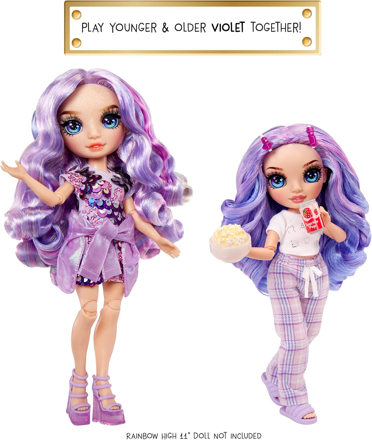 Lalka Rainbow High Junior High PJ Party - fioletowa - 22 cm z miękkim kombinezonem, kapciami i akcesoriami do zabawy - Zabawka dla dzieci - Idealna dla dzieci w wieku 4-12 lat