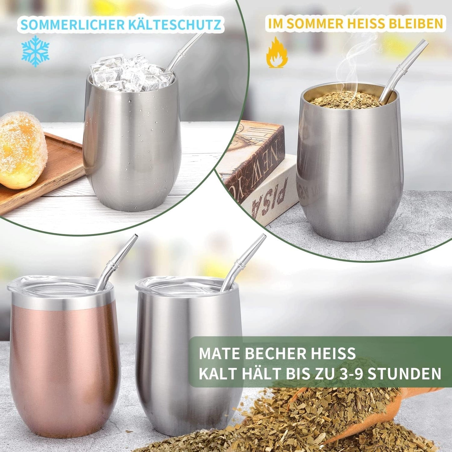 Kubek Modern Mate o pojemności 340 ml, zestaw izolowanych kubków do Yerba Mate o podwójnych ściankach ze stali nierdzewnej, kubek do herbaty Mate z pokrywką niezawierającą BPA, bombille i szczoteczka do czyszczenia (srebrna)