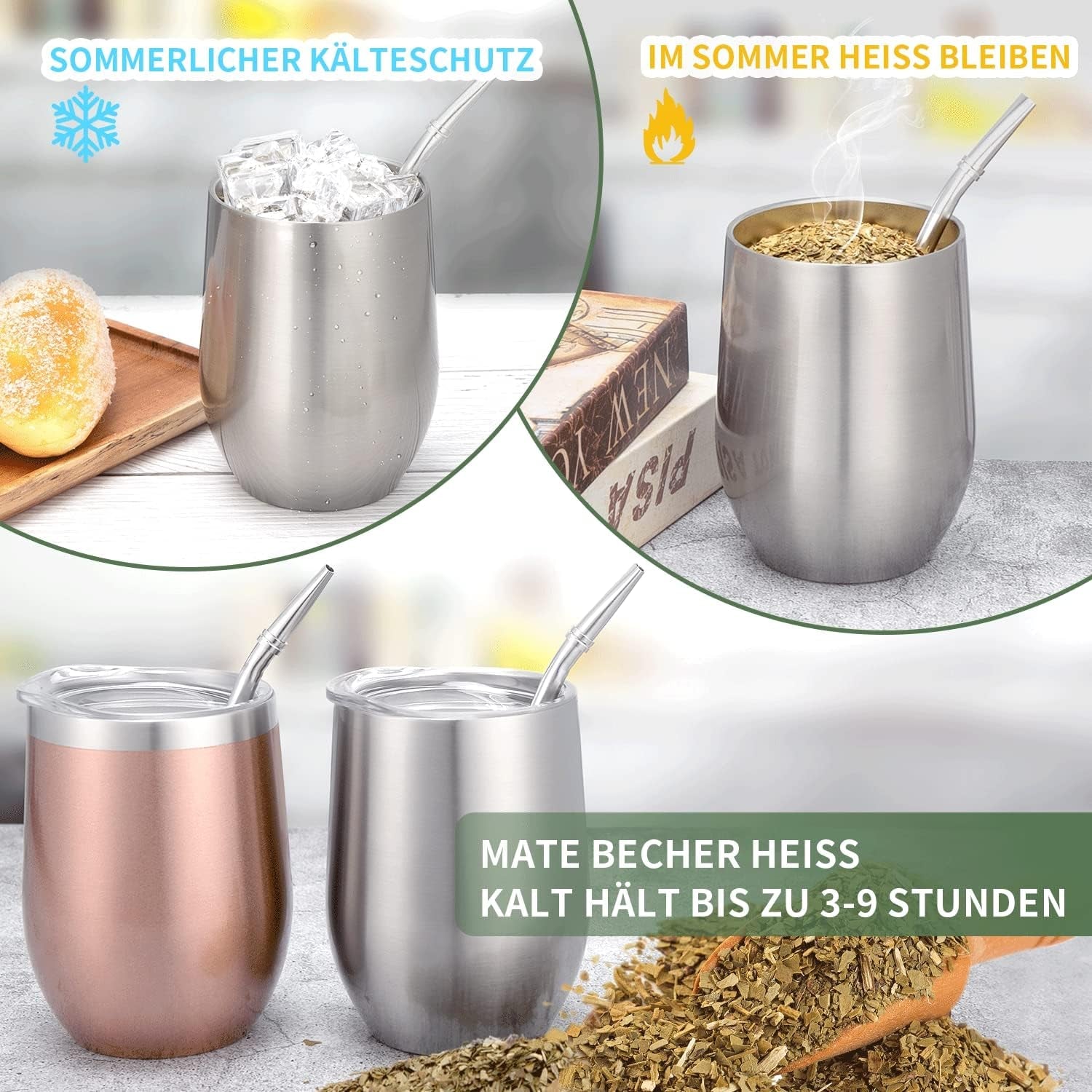 Kubek Modern Mate o pojemności 340 ml, zestaw izolowanych kubków do Yerba Mate o podwójnych ściankach ze stali nierdzewnej, kubek do herbaty Mate z pokrywką niezawierającą BPA, bombille i szczoteczka do czyszczenia (srebrna)