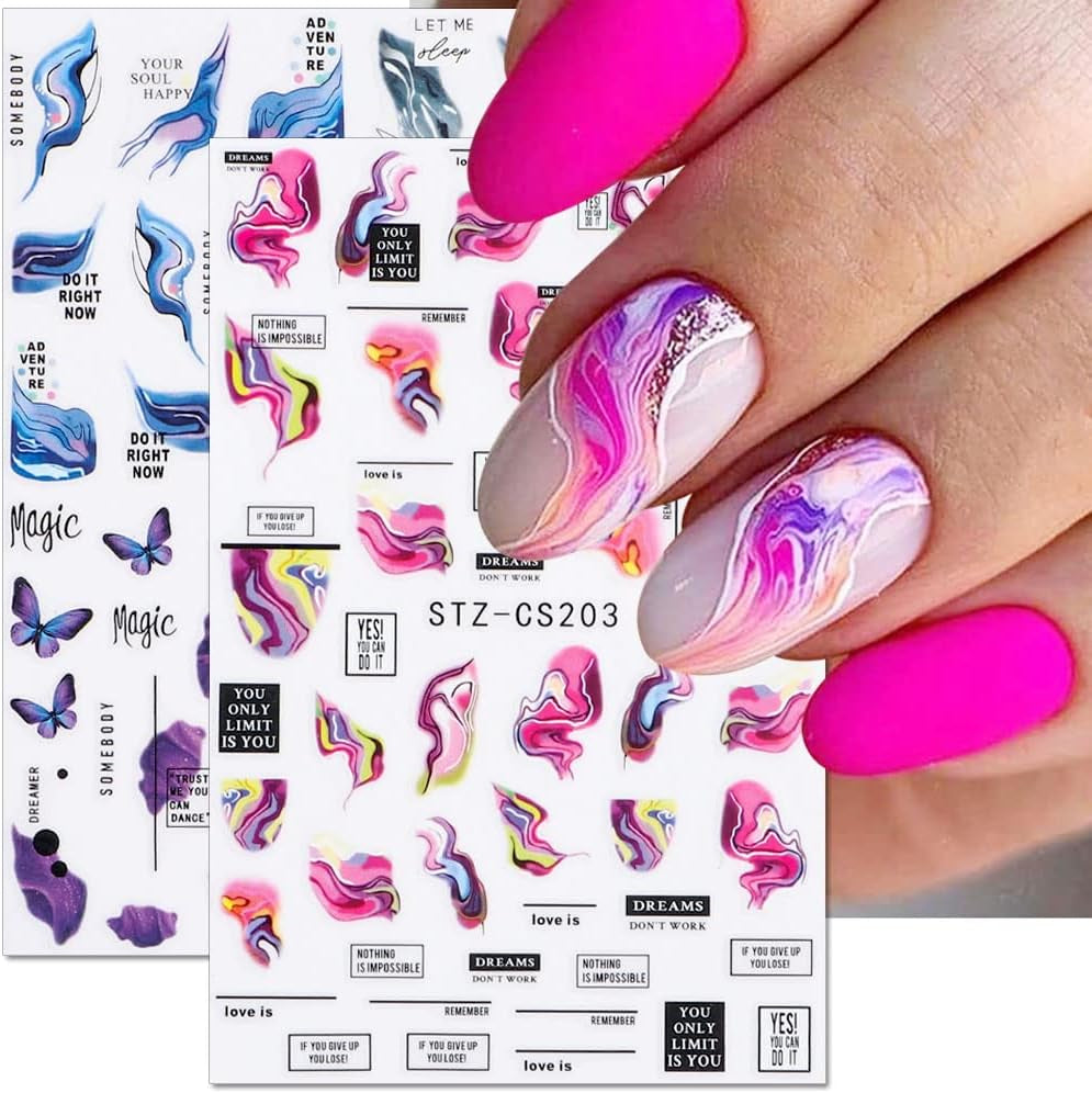 6 Blatt 3D Lila Schmetterling Nagelstickers Selbstklebend Nagelaufkleber Schmetterlinge Naklejka na paznokcie Bunte Blühen Marmor Nagel Naklejki Regenbogen Welle Linien Nail Art Aufkleber Nageldesign Zubehör