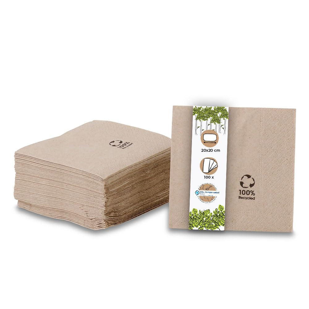 Organiczne, ekologiczne serwetki wykonane z papieru makulaturowego I Wysokiej jakości serwetki papierowe 10 X 10 cm I 100 sztuk Serwetki koktajlowe Niebielone Biodegradowalne Kompostowalne