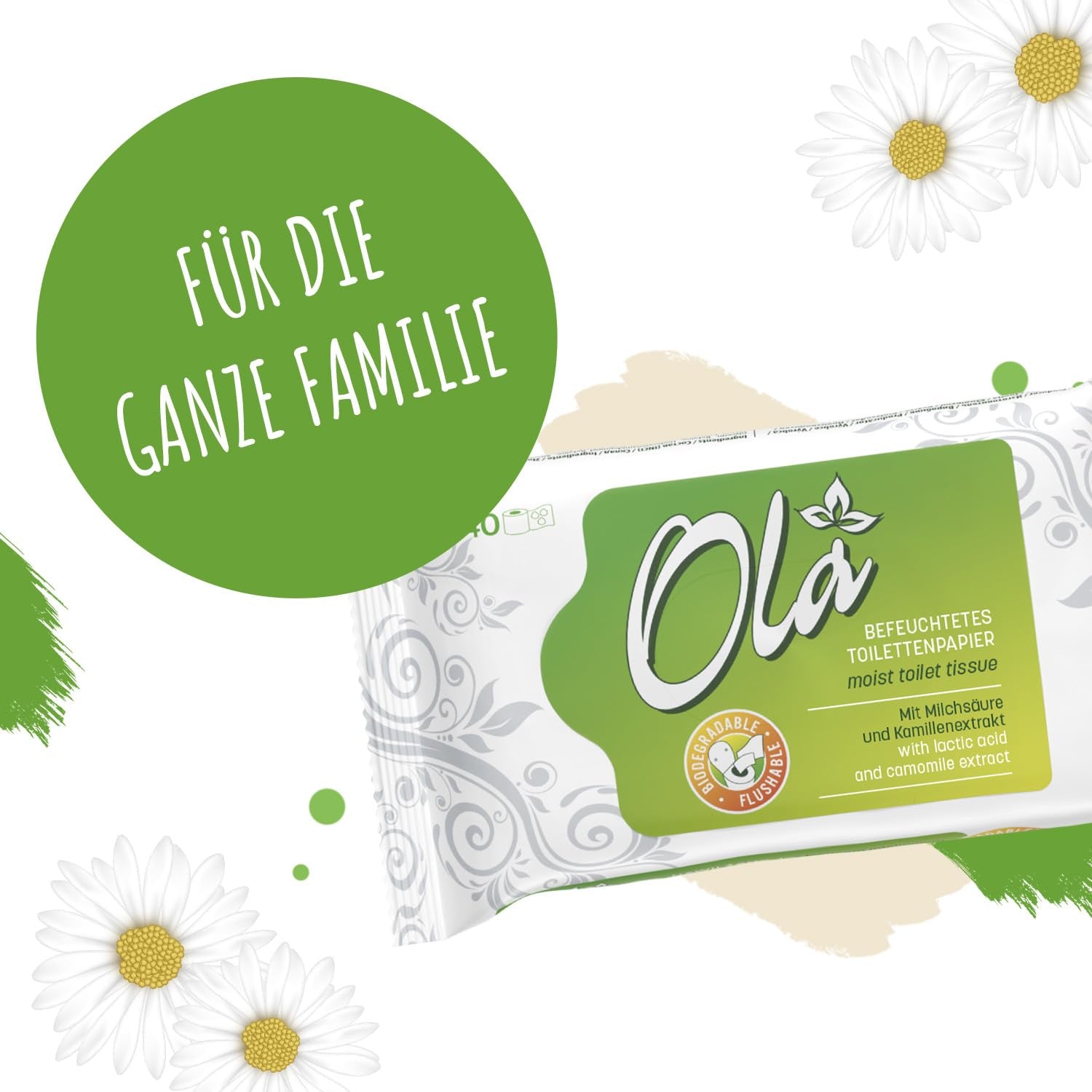 Papier toaletowy mokry OLA - (1X40 szt.) Chusteczki nawilżane - ekstrakt z rumianku i kwas mlekowy, zmywalne, skóra wrażliwa - 40 szt.
