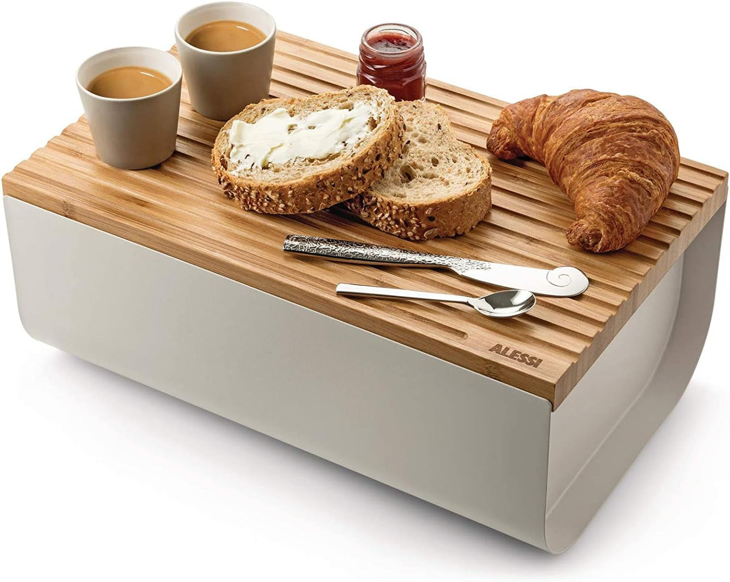 Alessi Mattina BG03 WG - Kosz na chleb ze stali nierdzewnej z żywicą epoksydową i drewnem bambusowym, ciepły szary Pudełka do przechowywania żywności Naty Shop