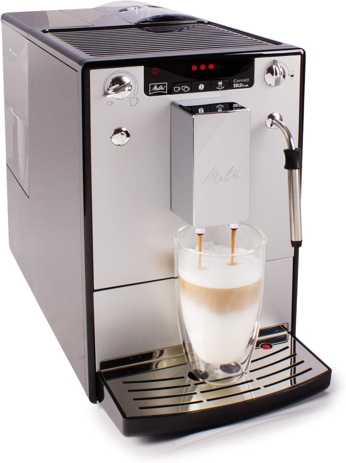 Melitta Solo & Milk - w pełni automatyczny, smukły ekspres do kawy ze spieniaczem do mleka, ekspres do kawy z wyjmowanym zbiornikiem na wodę, m.in. kawa lub cappuccino, srebro