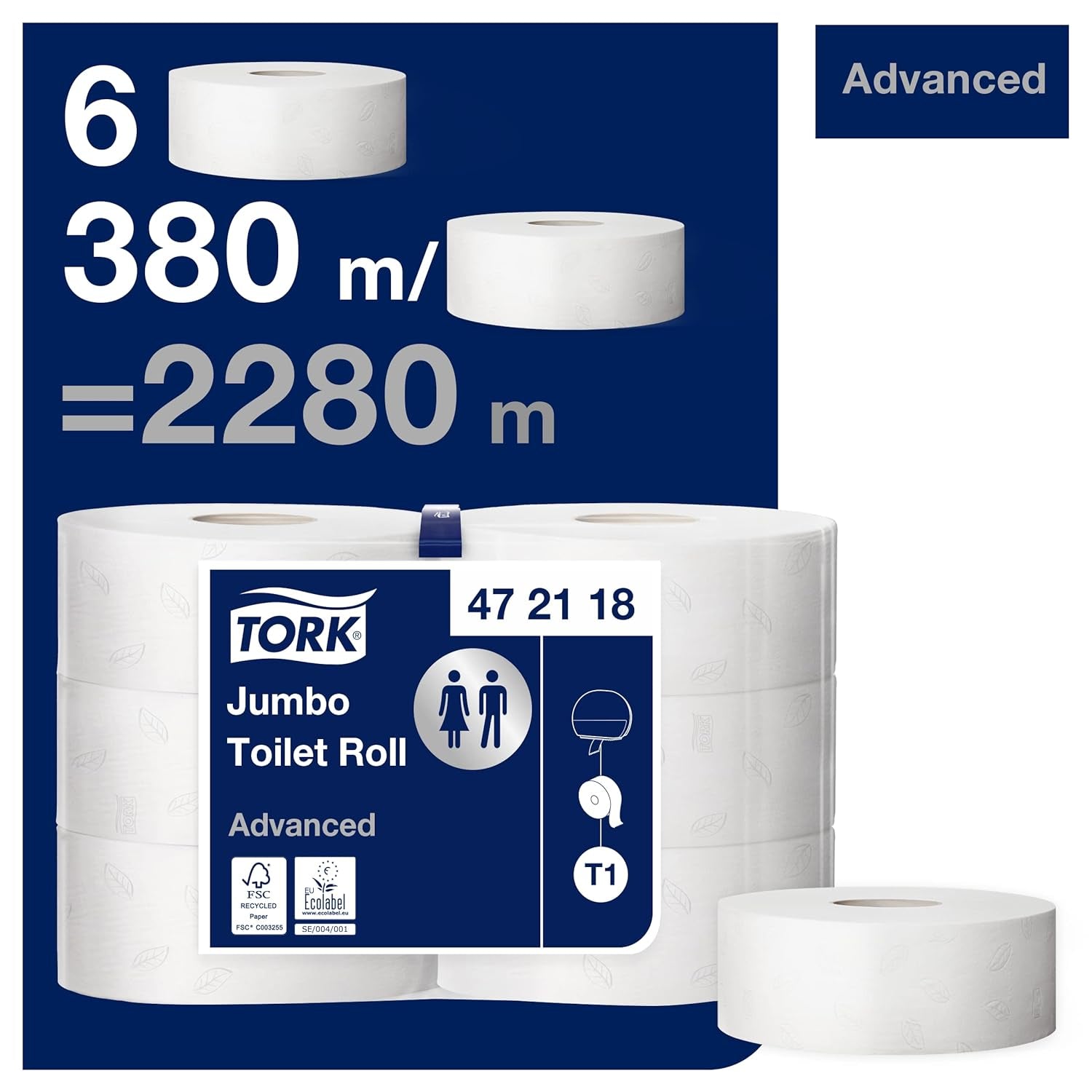 Papier toaletowy Tork Jumbo White T1, Advanced, 2 warstwy, 6 × 380 M, 472118