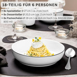 SANGER | Marlo Czarno-biały zestaw obiadowy z krawędzią, 18-częściowy porcelanowy zestaw obiadowy dla 6 osób, biały z czarnymi akcentami, talerze obiadowe, talerze i miski deserowe, nowoczesny design | KOLEKCJA PREMIUM