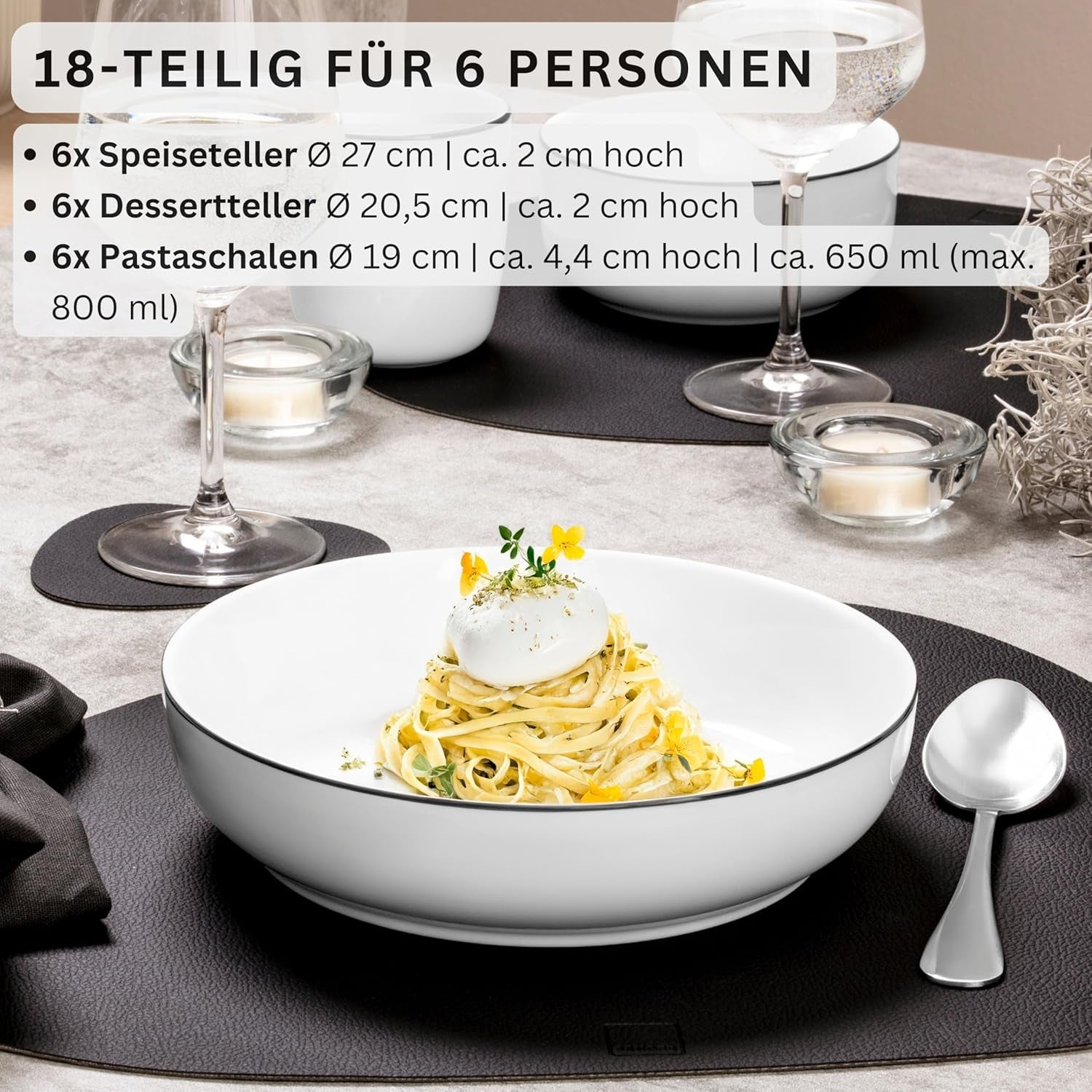 SANGER | Marlo Czarno-biały zestaw obiadowy z krawędzią, 18-częściowy porcelanowy zestaw obiadowy dla 6 osób, biały z czarnymi akcentami, talerze obiadowe, talerze i miski deserowe, nowoczesny design | KOLEKCJA PREMIUM
