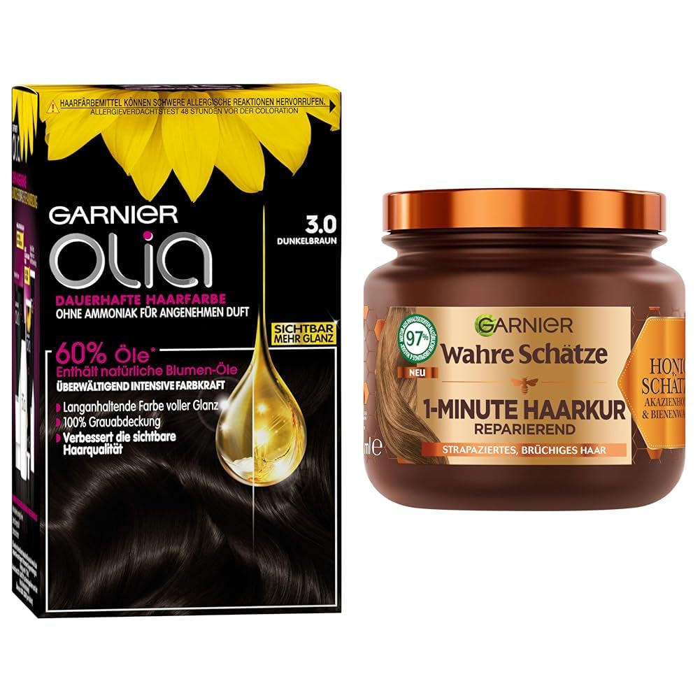 Garnier Color & Care Set: Olia 3.0 Dark Brown Trwała koloryzacja + regenerująca kuracja do włosów (340ml) | Z miodem akacjowym i woskiem pszczelim dla połysku i elastyczności | Domyślny tytuł sklepu Naty dotyczący farby do włosów bez amoniaku