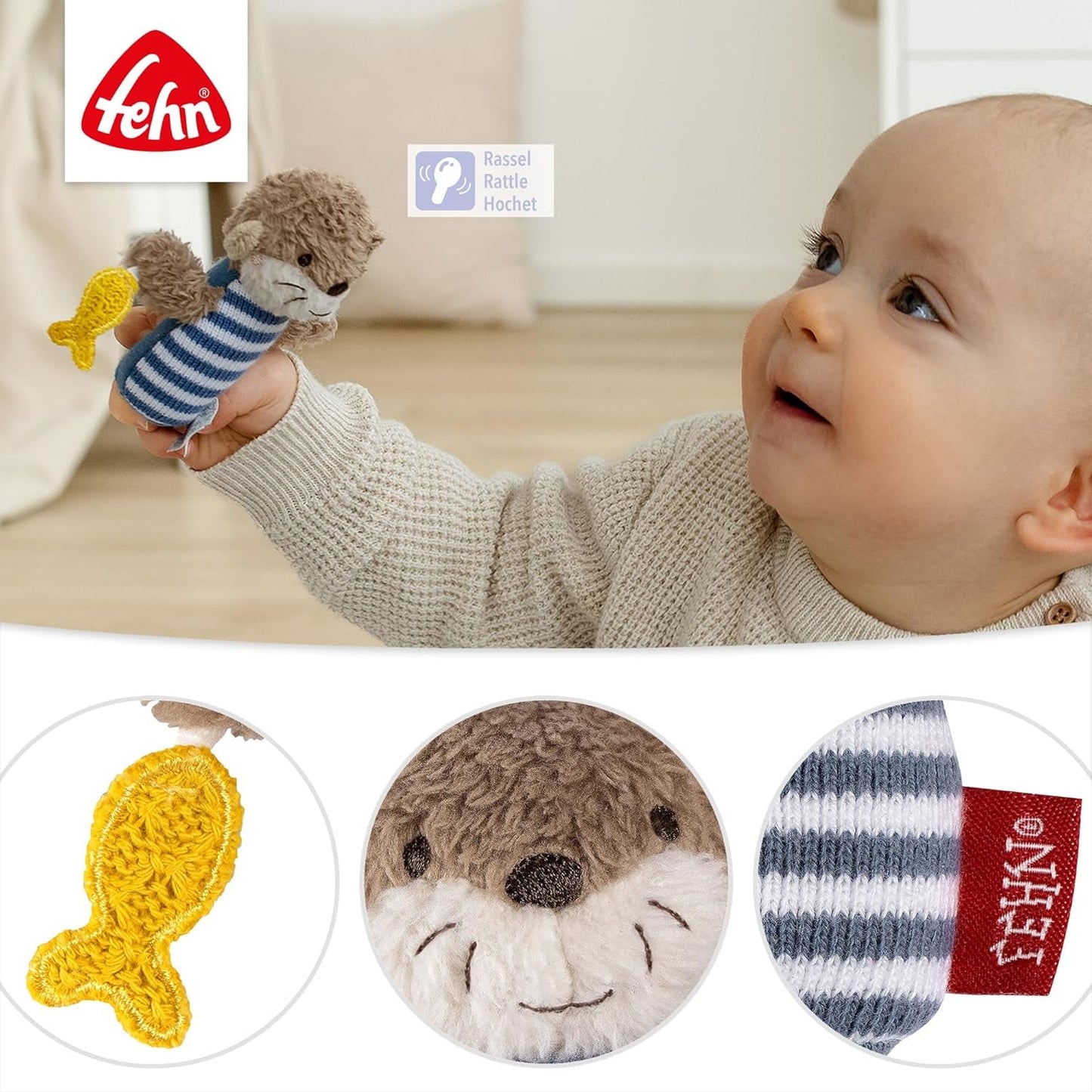 Mini grzechotka Wydra Fehn – mini zabawka do chwytania, do grzechotania, obmacywania i zabawy z miękkim, przytulnym zwierzątkiem z tkaniny – wiernym towarzyszem niemowląt i małych dzieci w wieku powyżej miesiąca Baby Toys Naty Shop