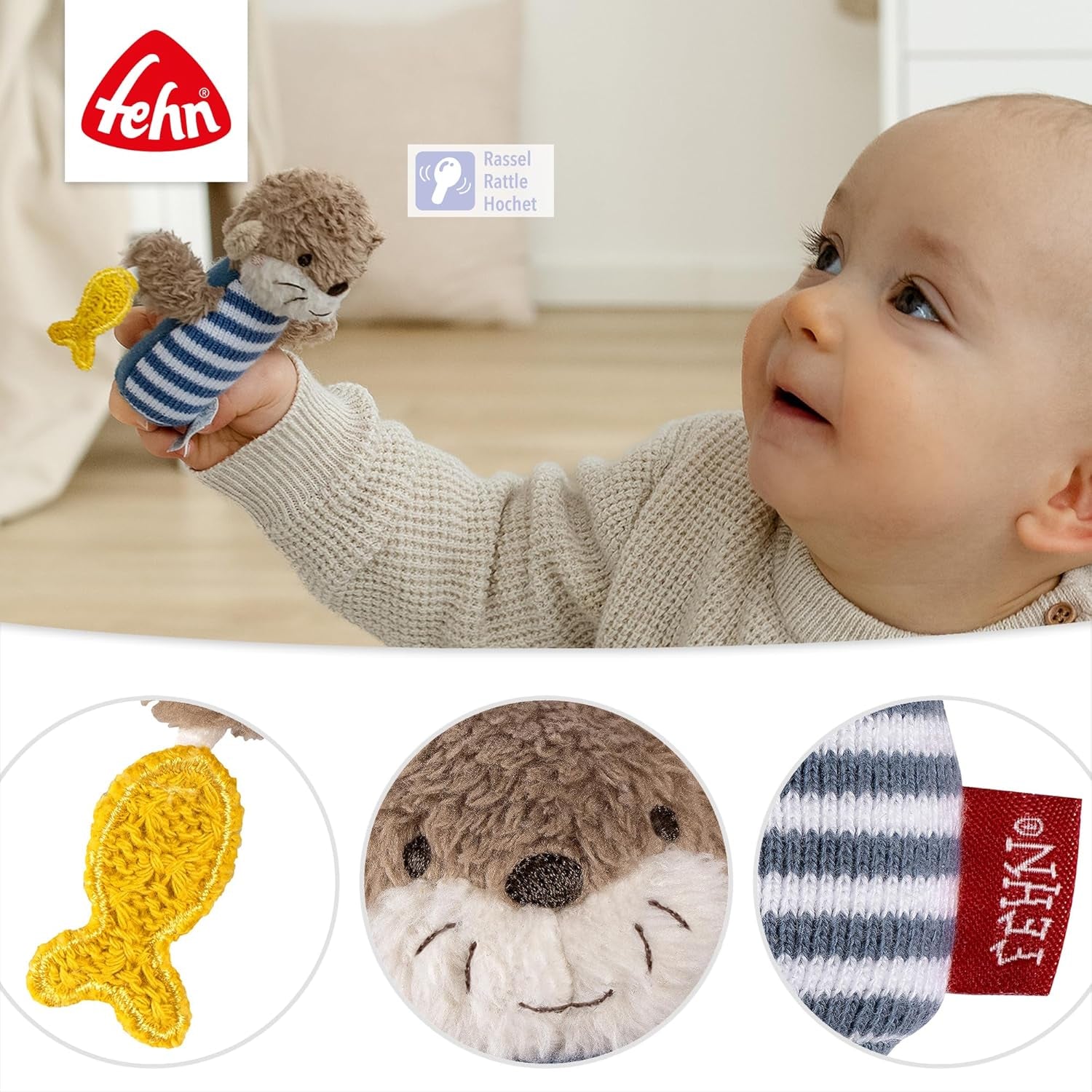 Mini grzechotka Wydra Fehn – mini zabawka do chwytania, do grzechotania, obmacywania i zabawy z miękkim, przytulnym zwierzątkiem z tkaniny – wiernym towarzyszem niemowląt i małych dzieci w wieku powyżej miesiąca Baby Toys Naty Shop