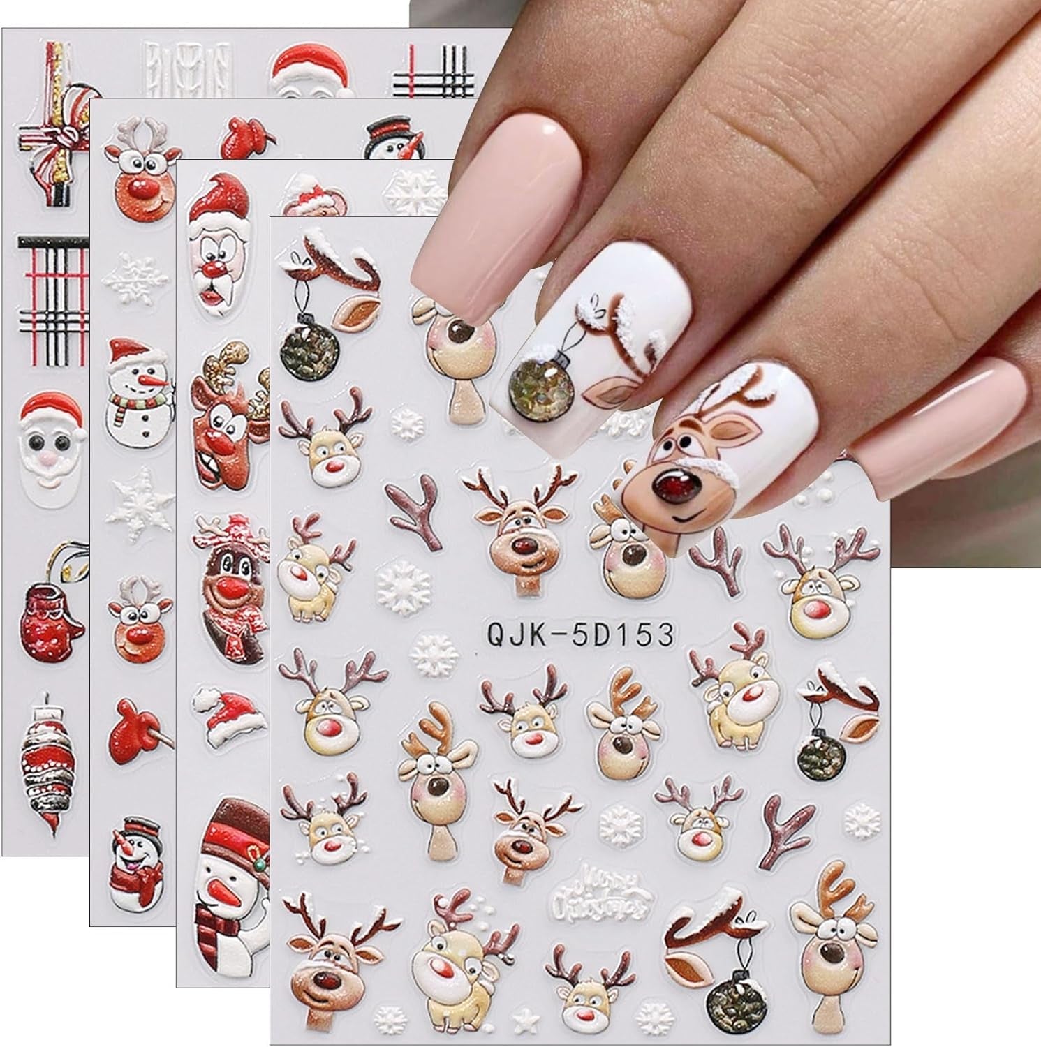 JMEOWIO 3D Nagelsticker Weihnachten Nail Art Naklejka Selbstklebend Nagelaufkleber 5D Stereoskopisch Schneeflocke Xmas Winterurlaub Niedlich Dekoration Nageldesign Zubehör 4 Blatt