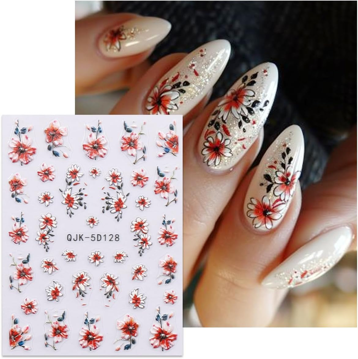 JMEOWIO 3D Nagelsticker Blumen Nail Art Naklejka Selbstklebend Nagelaufkleber 5D Stereoskopisch Frühling Sommer Dekoration Nageldesign Zubehör 4 Blatt